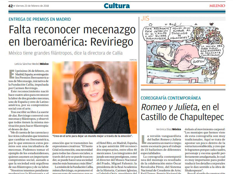 MILENIO. ENTREVISTA CARMEN REVIRIEGO. FALTA RECONOCER MECENAZGO EN IBEROAMERICA